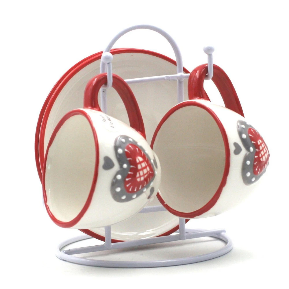 2 Tasses Et Sous-Tasses Sur Présentoir Motif Coeur Alsacien – Image 2