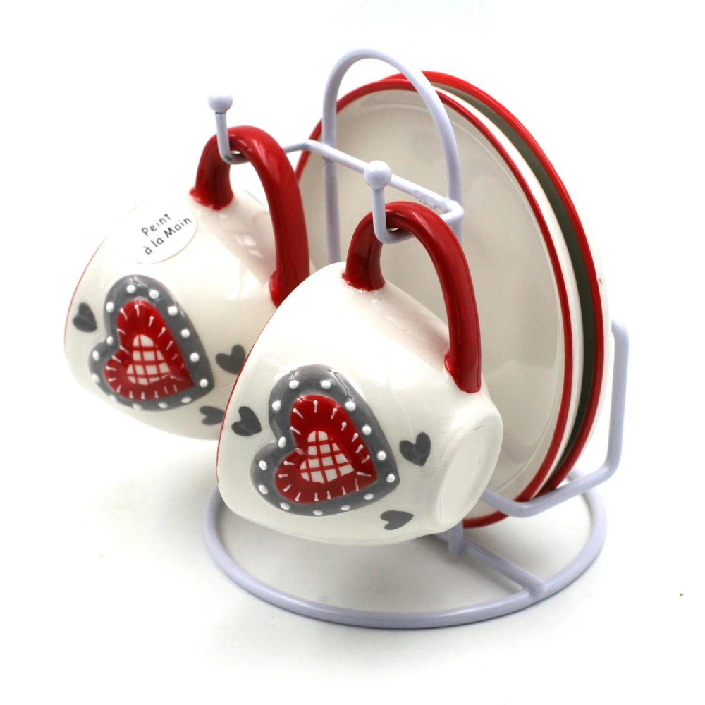 2 Tasses Et Sous-Tasses Sur Présentoir Motif Coeur Alsacien – Image 3