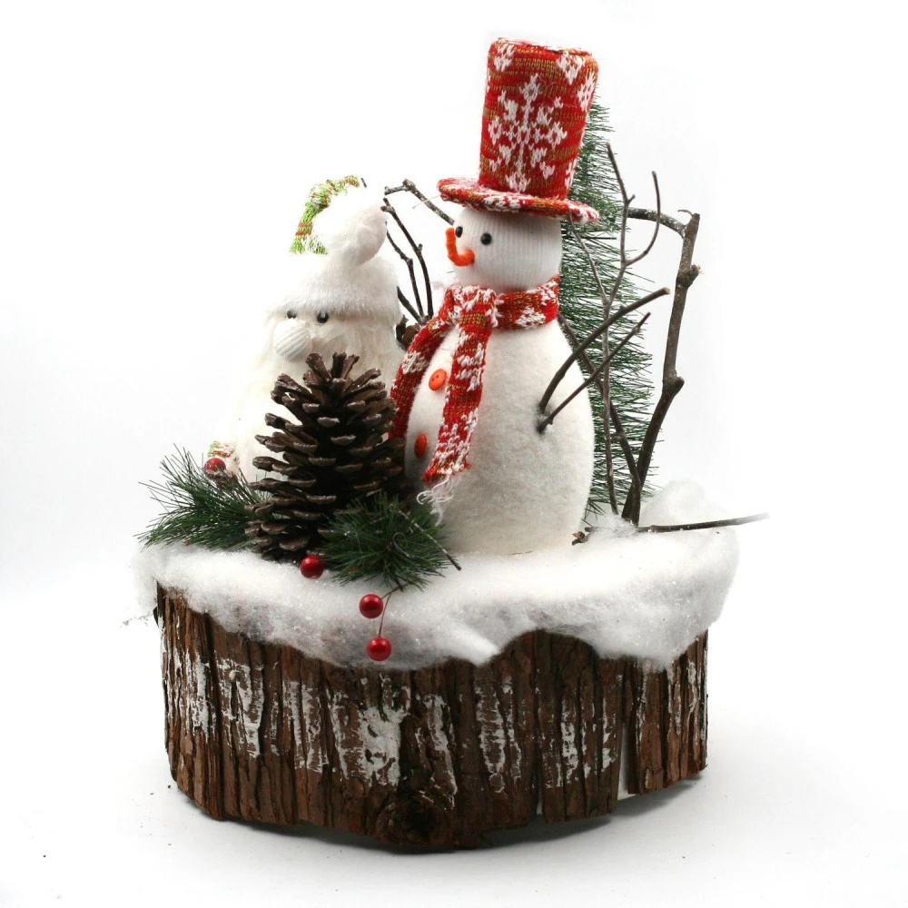Bonhomme De Neige Avec Lutin Sur Tronc Déco De Noël 40 Cm – Image 3