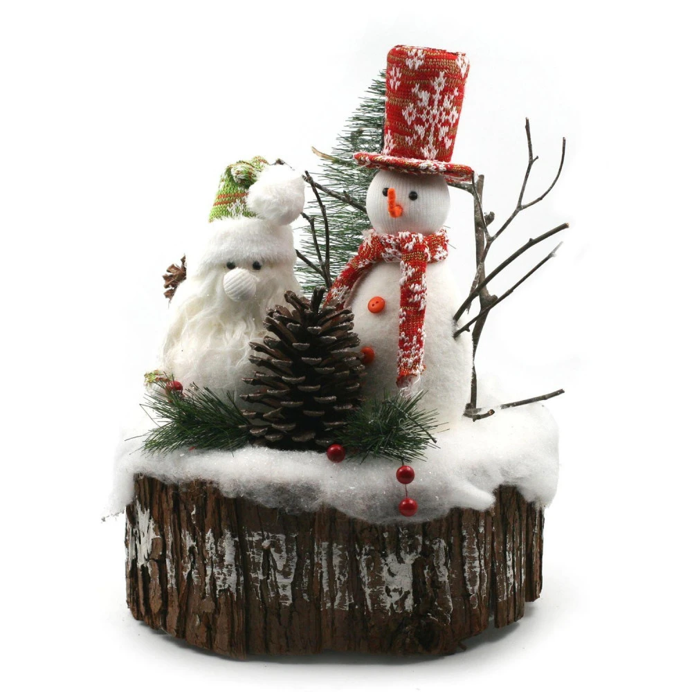 Bonhomme De Neige Avec Lutin Sur Tronc Déco De Noël 40 Cm