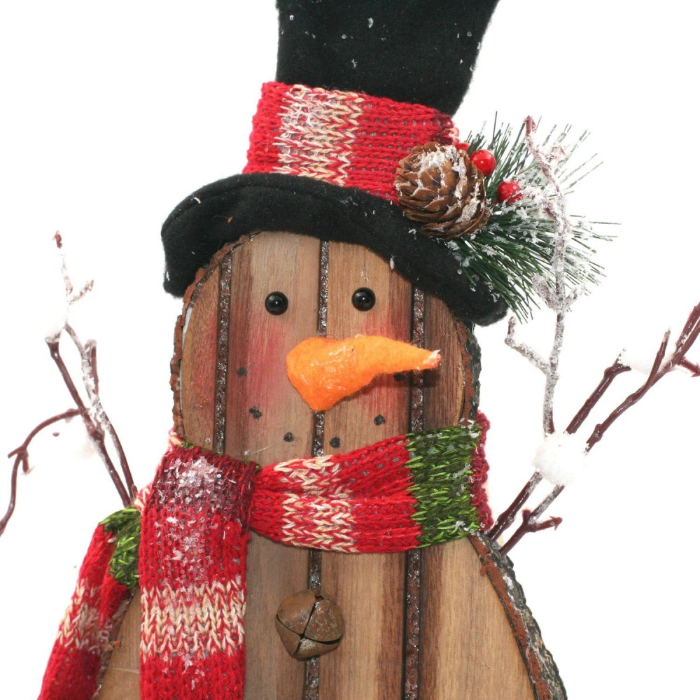 Bonhomme De Neige En Bois Foncé Décoré 35 Cm – Image 2