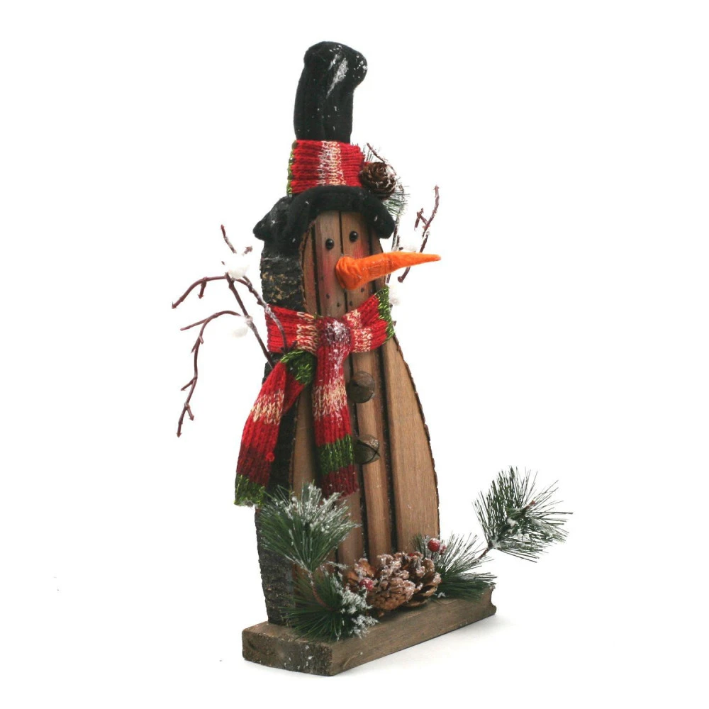 Bonhomme De Neige En Bois Foncé Décoré 35 Cm – Image 3
