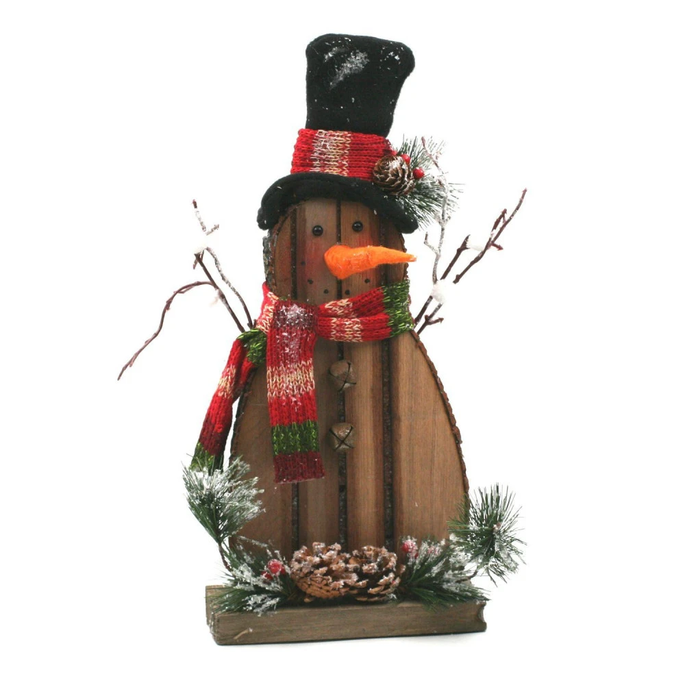 Bonhomme De Neige En Bois Foncé Décoré 35 Cm