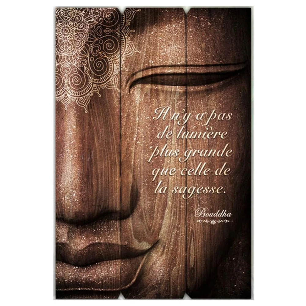 Cadre Bouddha Bois Avec Citation - Il N'y A Pas De Lumière Plus Grande Que La Sagesse