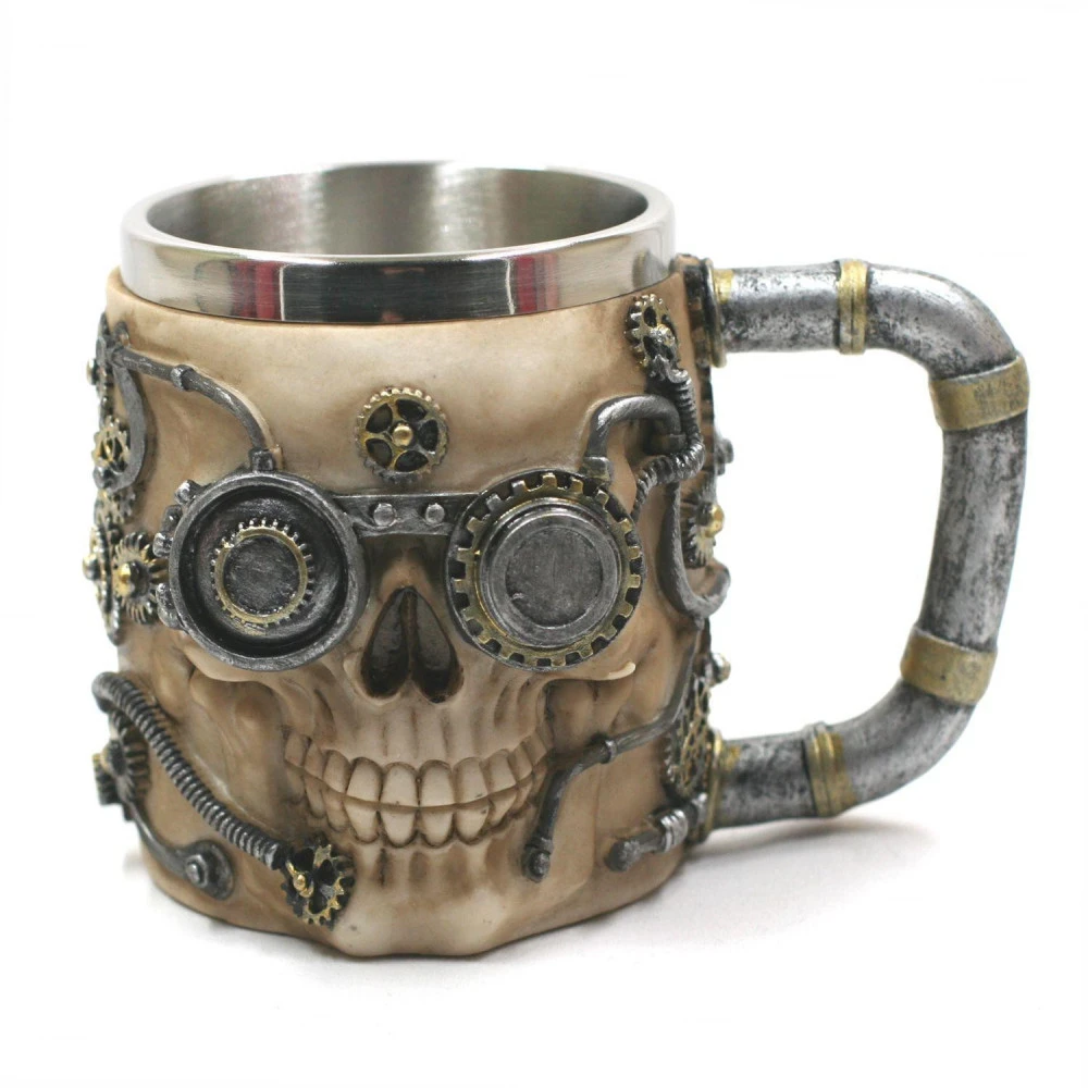 Chope Polyrésine Cyborg Skull - Blanc / Argent