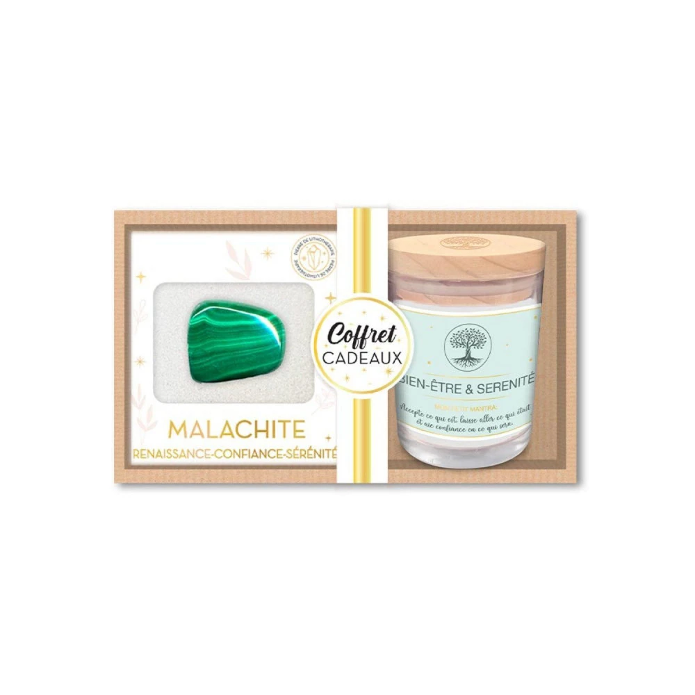 Coffret Bien Être - Bougie Et Pierre De Lithothérapie Malachite