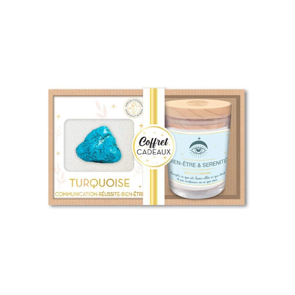 Coffret Bien Être - Bougie Et Pierre De Lithothérapie Turquoise