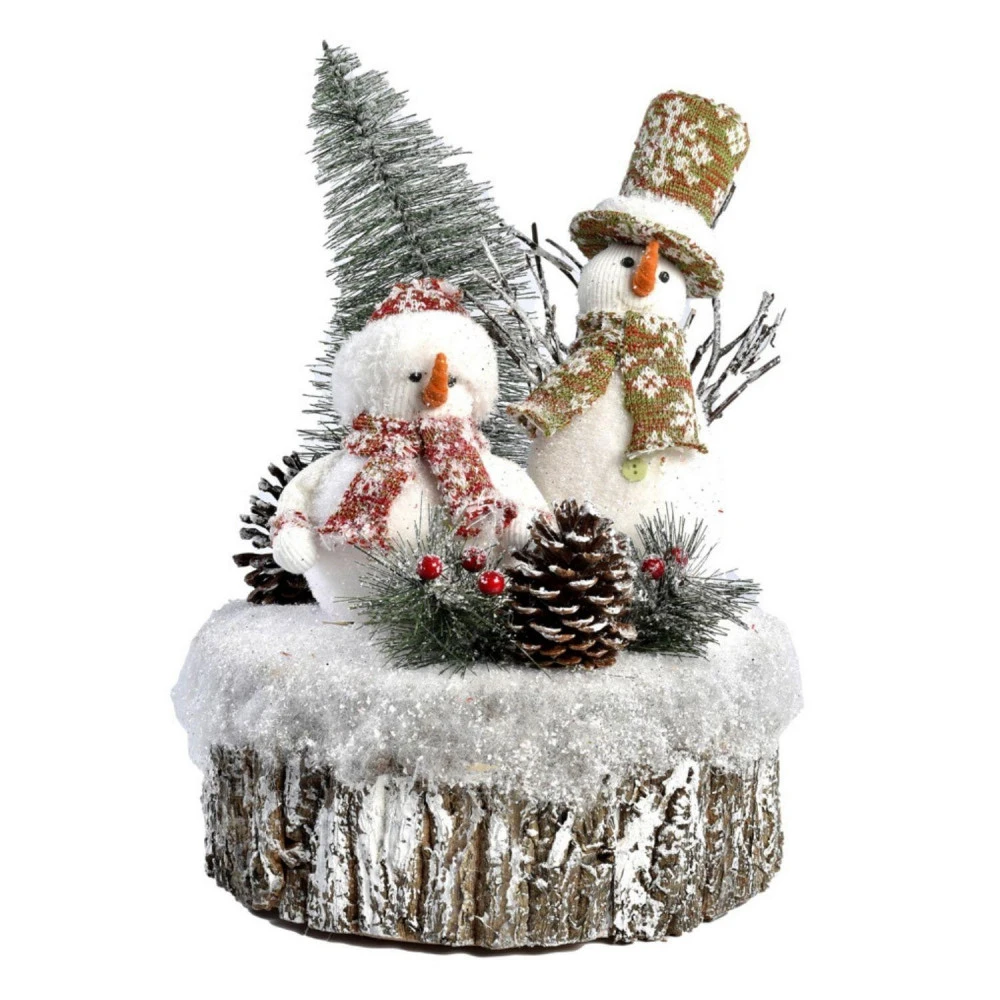 Duo De Bonhommes De Neige Sur Tronc Déco De Noël 40 Cm