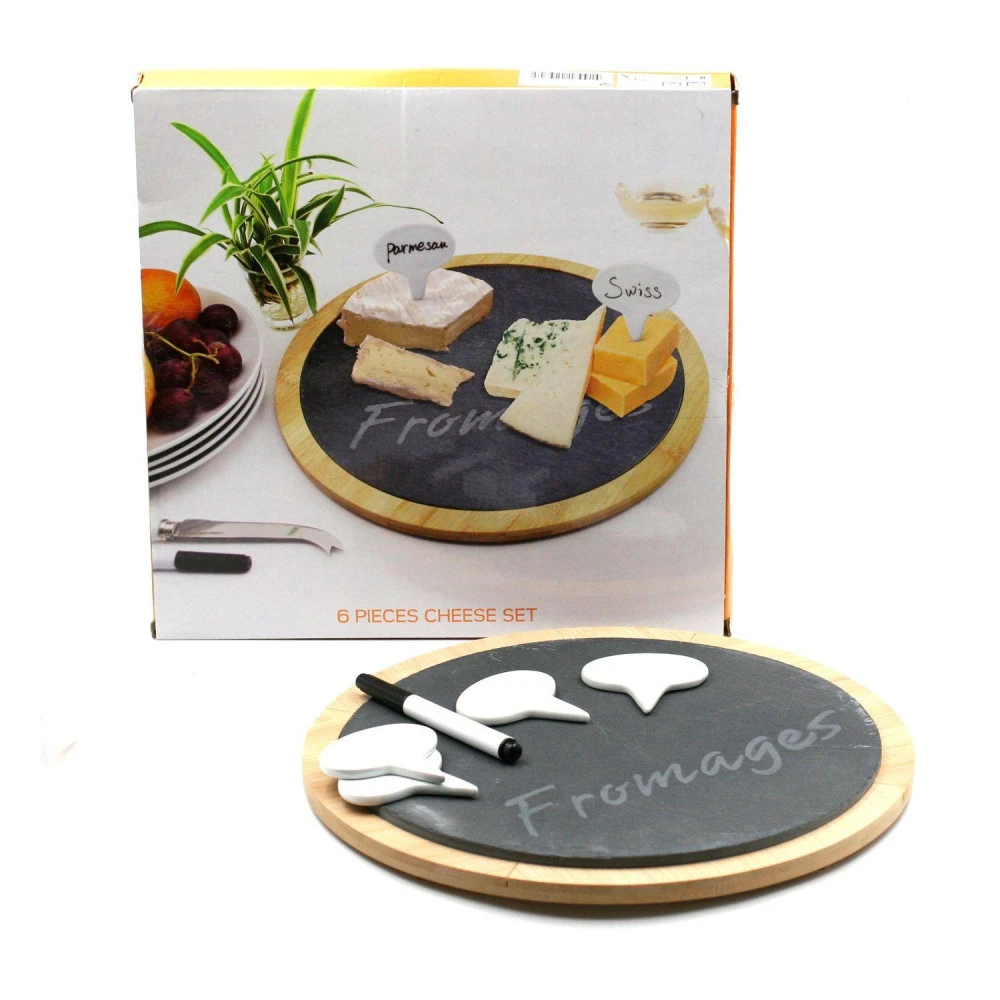 Plateau De Fromage Rond - Ardoise Et Bois Et Ses Pancartes De Présentation -